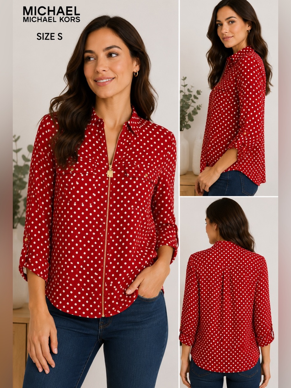 Michael Kors Red Polka Dot Designer Office Career Blouse elegant cottagecore/S